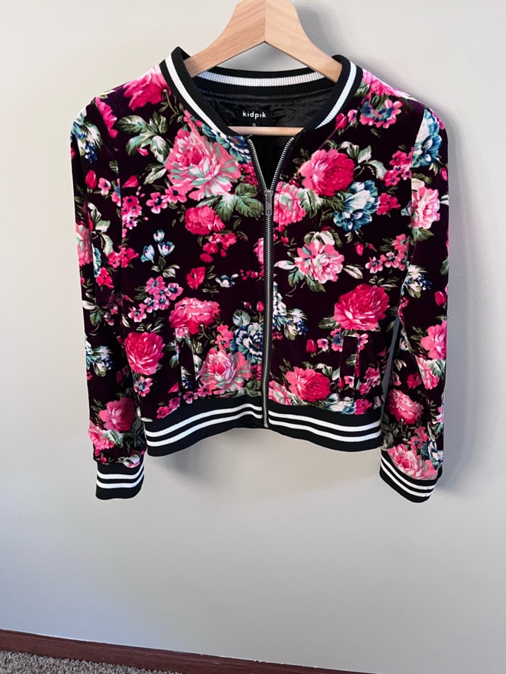 Kidpik Girls Floral Velvet Bomber Jacket Purple Pink Full Zip Size XL 14